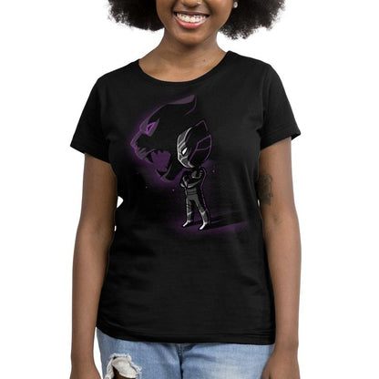 A woman wearing an officially licensed Marvel King of Wakanda t-shirt with a purple cat on it.