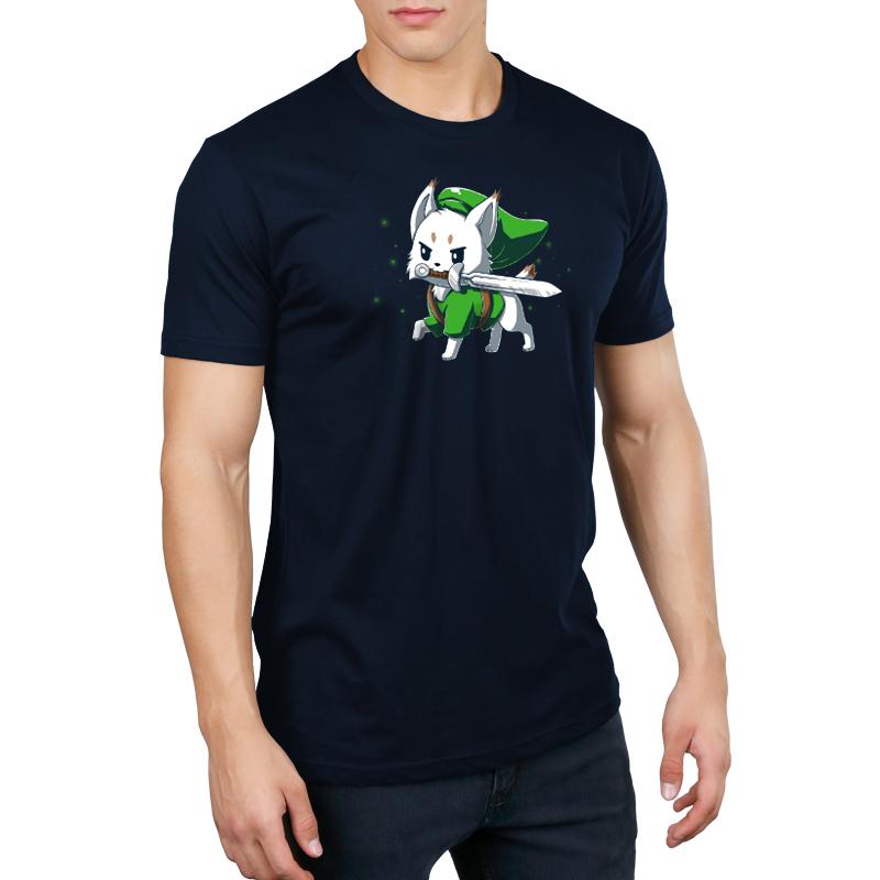 Premium Cotton T-shirt_TeeTurtle Lynx navy blue t-shirt featuring a determined white Lynx with a sword in its mouth dressed in a long green hat and matching green tunic in this fantasy video game design. 