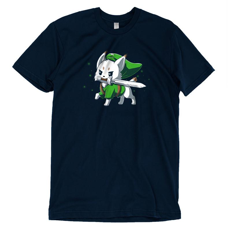 Premium Cotton T-shirt_TeeTurtle Lynx navy blue t-shirt featuring a determined white Lynx with a sword in its mouth dressed in a long green hat and matching green tunic in this fantasy video game design. 