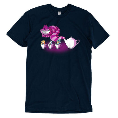 A Disney Mad Tea Party T-shirt featuring a cheshire cat and a cup of tea.