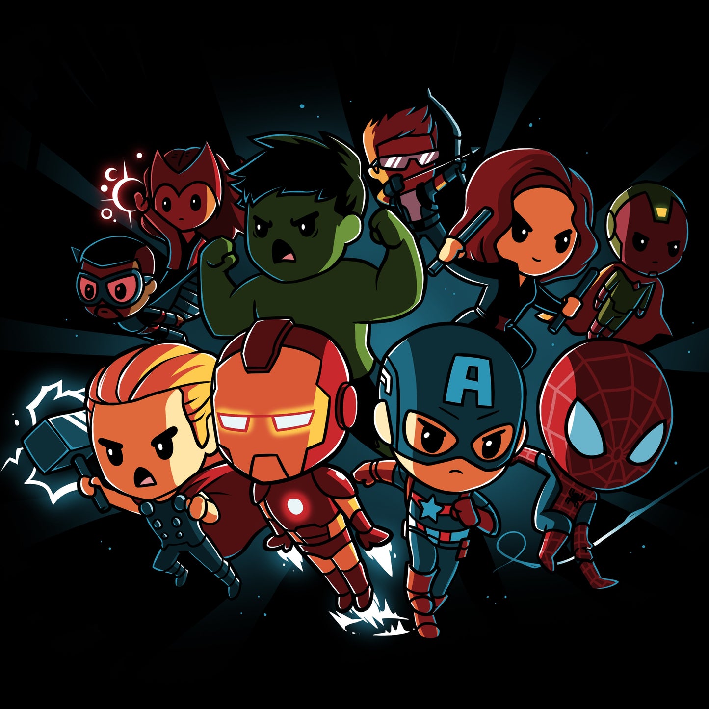 A group of officially licensed Marvel Avengers Shirt characters on a dark background.