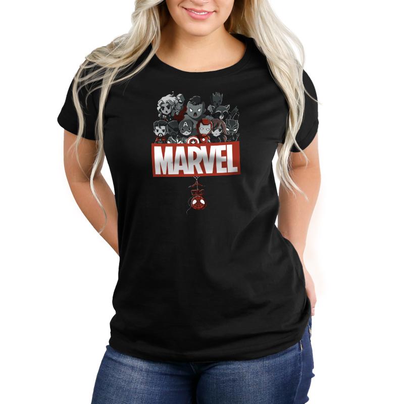 An officially licensed black women's Marvel Superheroes T-shirt.