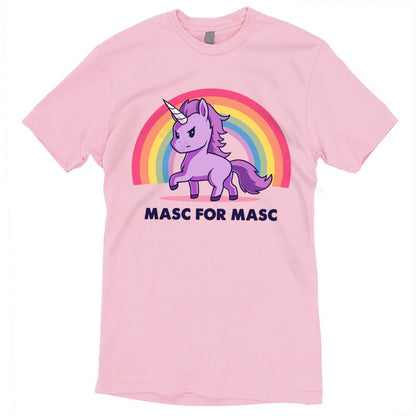 Premium Cotton T-shirt_TeeTurtle Masc for Masc pink t-shirt featuring a unicorn with a serious expression standing in front of a rainbow.