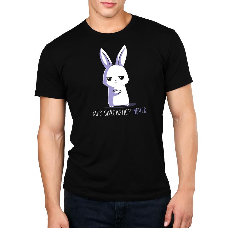 A TeeTurtle man wearing a black t-shirt with the Me? Sarcastic? Never. rabbit on it.