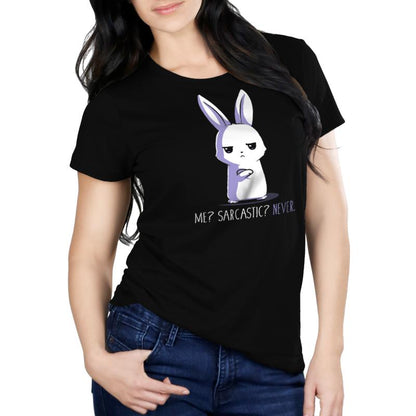 A woman wearing a black TeeTurtle T-Shirt with the product name "Me? Sarcastic? Never." and a bunny on it.