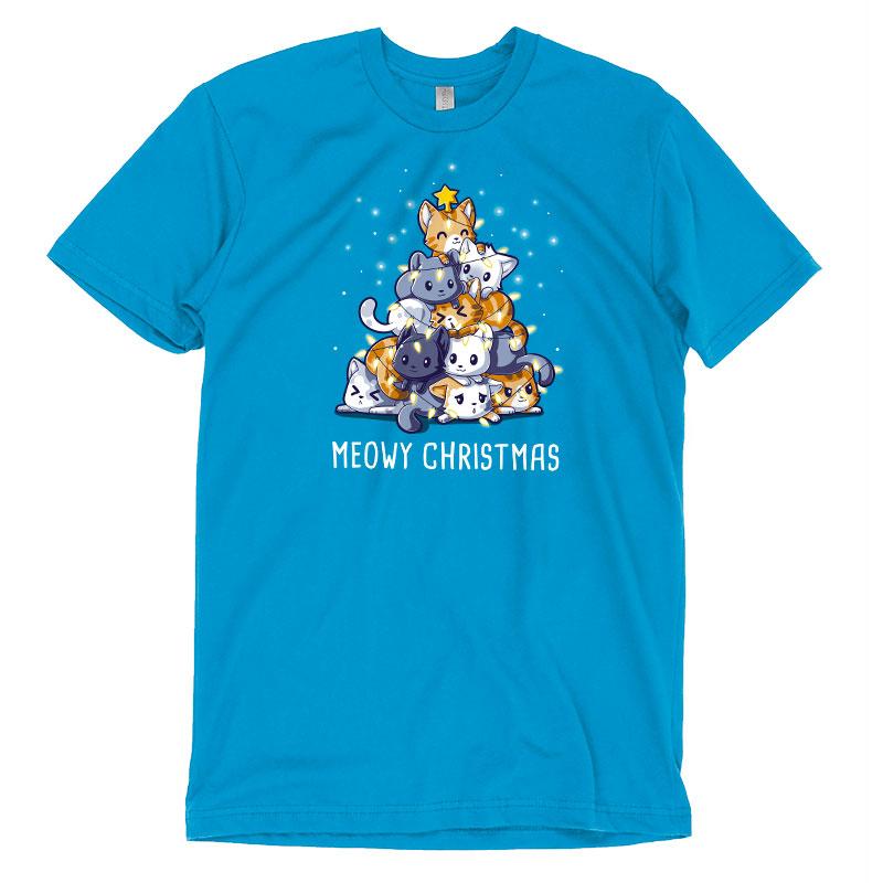A cobalt blue Meowy Christmas t-shirt by TeeTurtle.