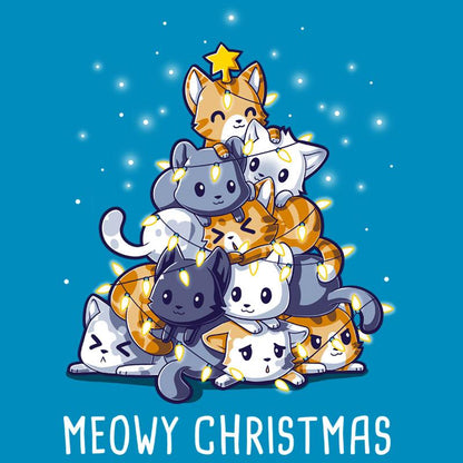 A cobalt blue Meowy Christmas t-shirt with cats on top of a Christmas tree by TeeTurtle.