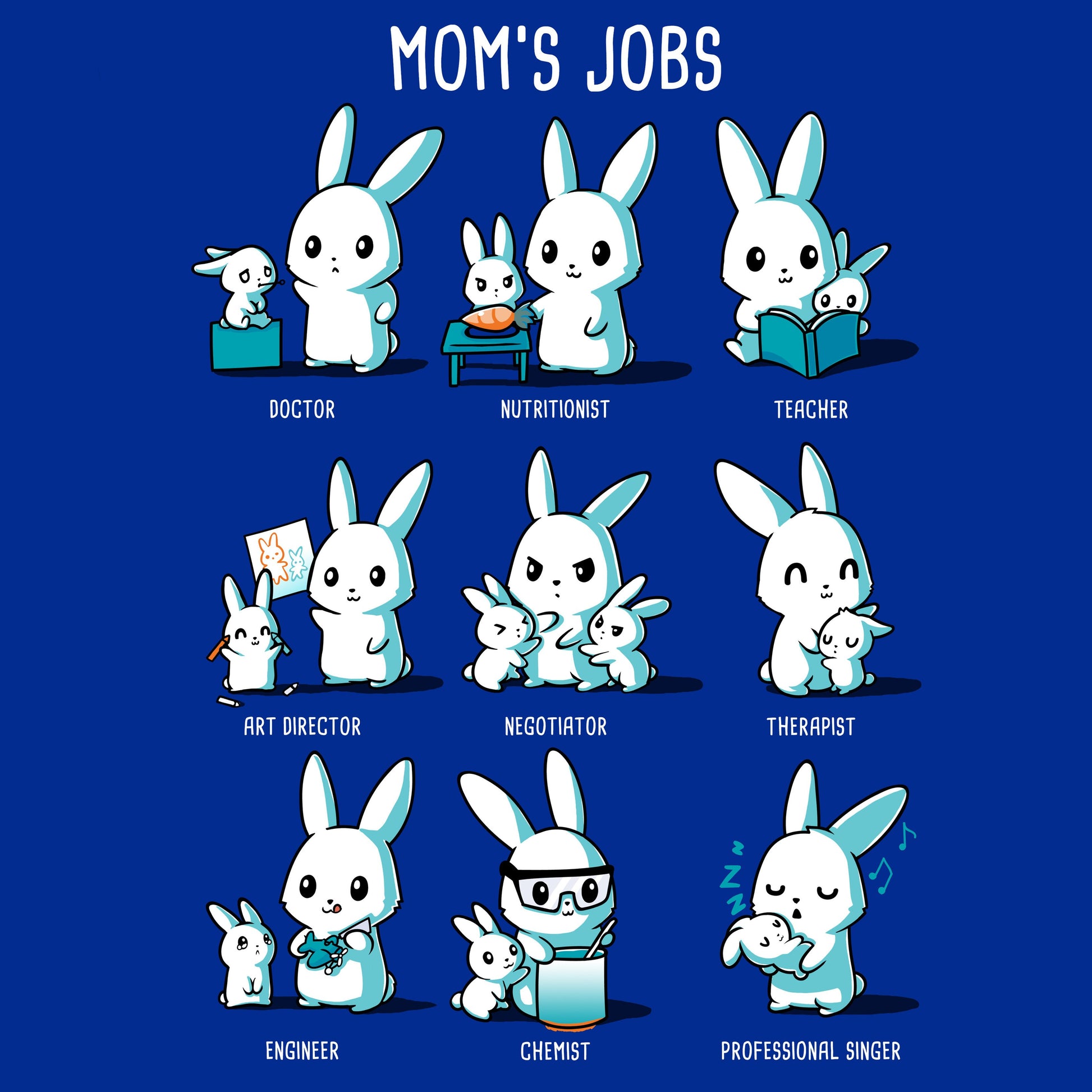 A TeeTurtle t-shirt displaying "Mom's Jobs" with a touch of nutritionist.