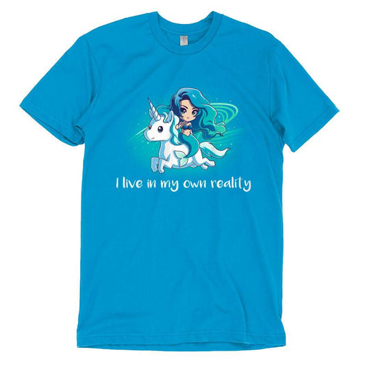Cobalt blue T-shirt featuring an illustration of a girl riding a unicorn with the text 