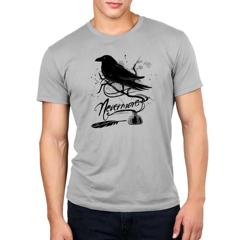 A man wearing a grey Nevermore t-shirt with a TeeTurtle raven on it.