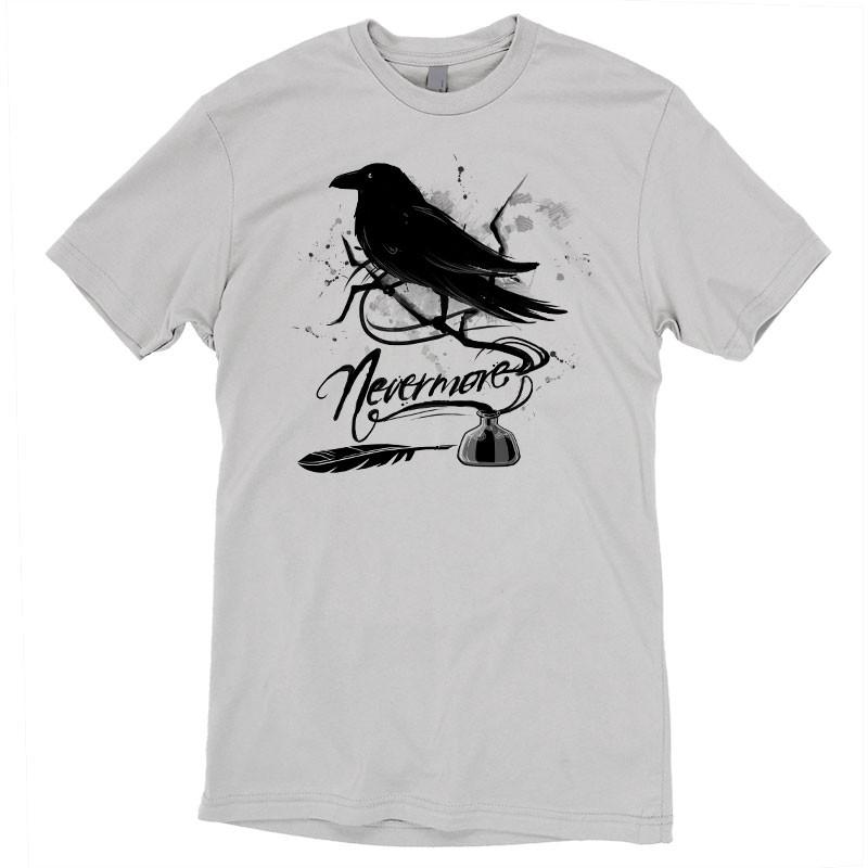 A silver Nevermore T-shirt featuring a TeeTurtle original design of a crow and a feather, inspired by the mysterious theme of "Nevermore.