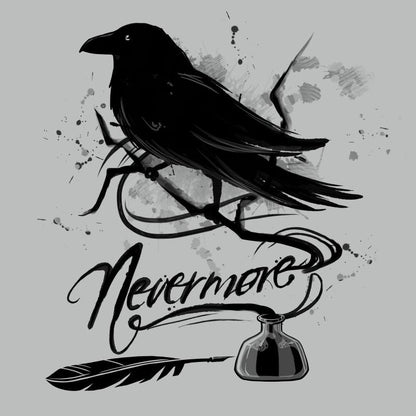 A TeeTurtle Nevermore t-shirt featuring a crow holding a feather on a gray background, embodying the spirit of "Nevermore.