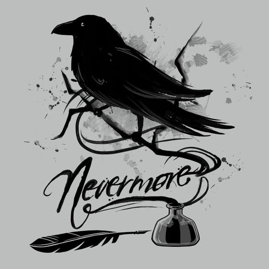 A TeeTurtle Nevermore t-shirt featuring a crow holding a feather on a gray background, embodying the spirit of 