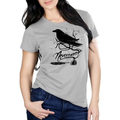 A woman wearing a Nevermore t-shirt with a crow on it. (Brand: TeeTurtle)