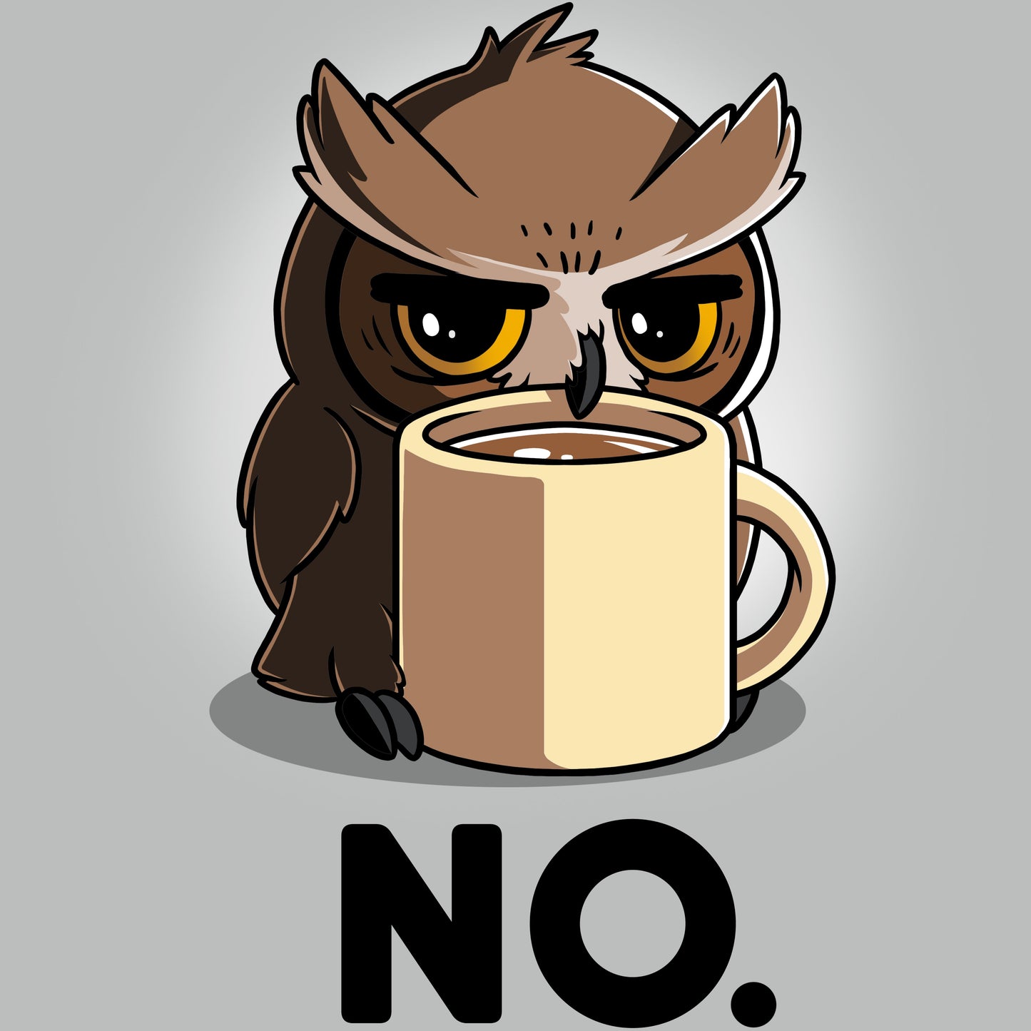 A TeeTurtle Night Owl cartoon with a coffee cup and the word "no" on a T-shirt.