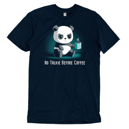 A navy blue No Talkie Before Coffee t-shirt clad TeeTurtle panda bear.