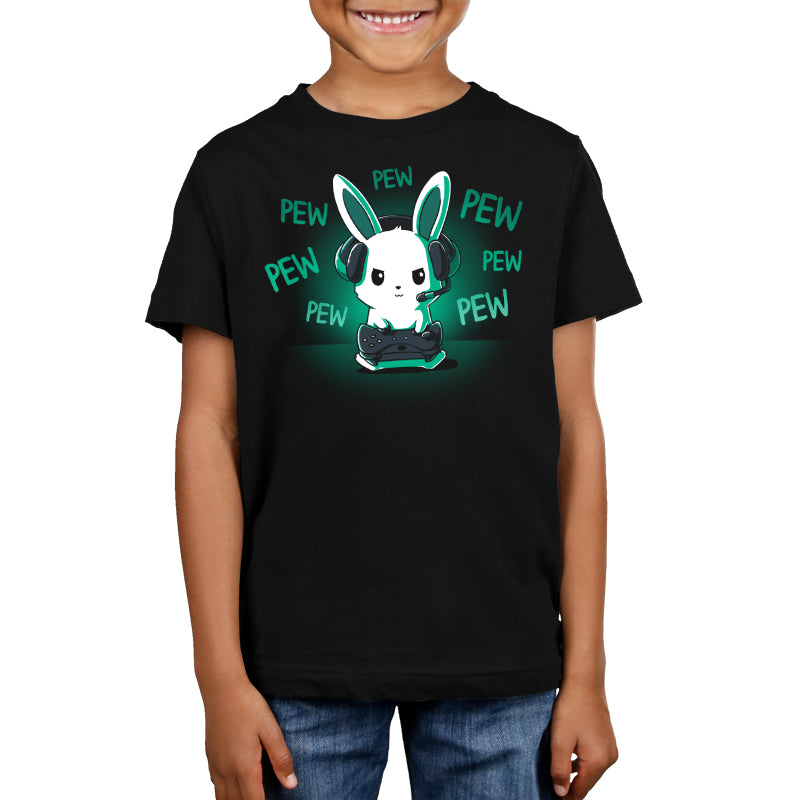 Premium Cotton T-shirt_TeeTurtle black Pew Pew Bunny. Featuring a bunny playing a video game with a controller making pew-pew sounds.