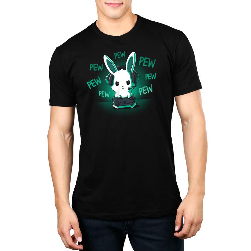 Premium Cotton T-shirt_TeeTurtle black Pew Pew Bunny. Featuring a bunny playing a video game with a controller making pew-pew sounds.