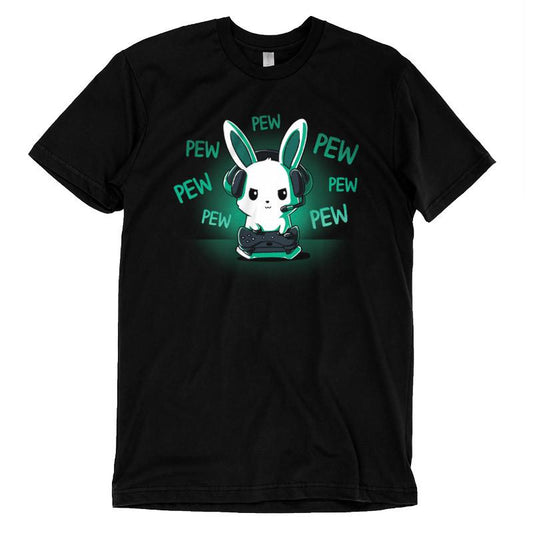 Premium Cotton T-shirt_TeeTurtle black Pew Pew Bunny. Featuring a bunny playing a video game with a controller making pew-pew sounds.