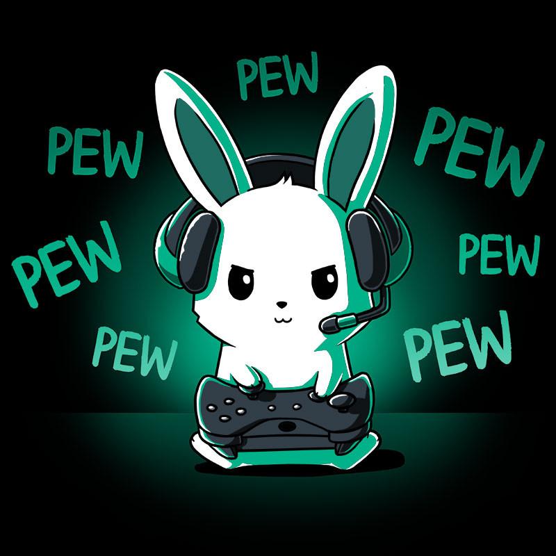 Premium Cotton T-shirt_TeeTurtle black Pew Pew Bunny. Featuring a bunny playing a video game with a controller making pew-pew sounds.