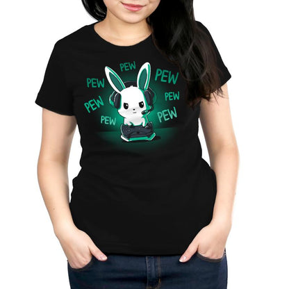 Premium Cotton T-shirt_TeeTurtle black Pew Pew Bunny. Featuring a bunny playing a video game with a controller making pew-pew sounds.