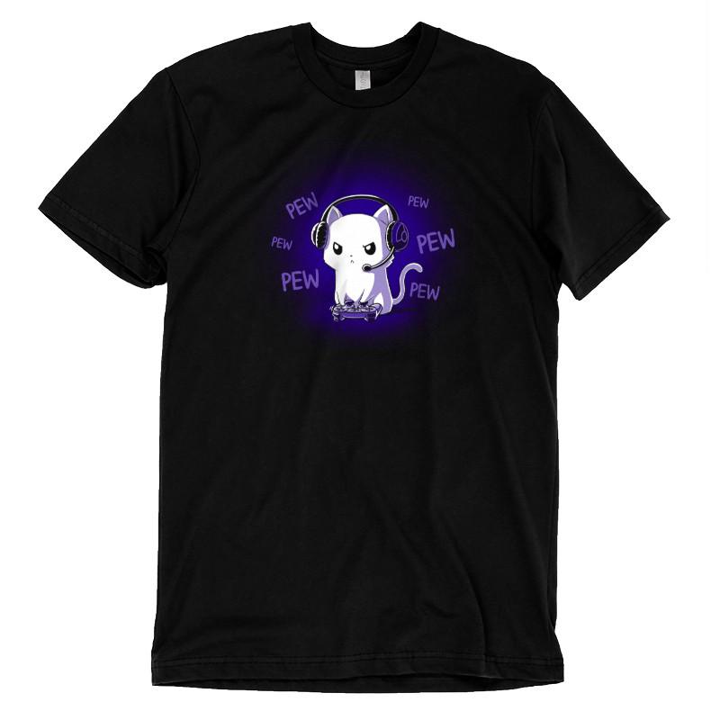A TeeTurtle black t-shirt with a Pew Pew Kitty (Glow) design.