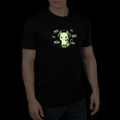 A man wearing a TeeTurtle black t-shirt with Pew Pew Kitty (Glow) on it.