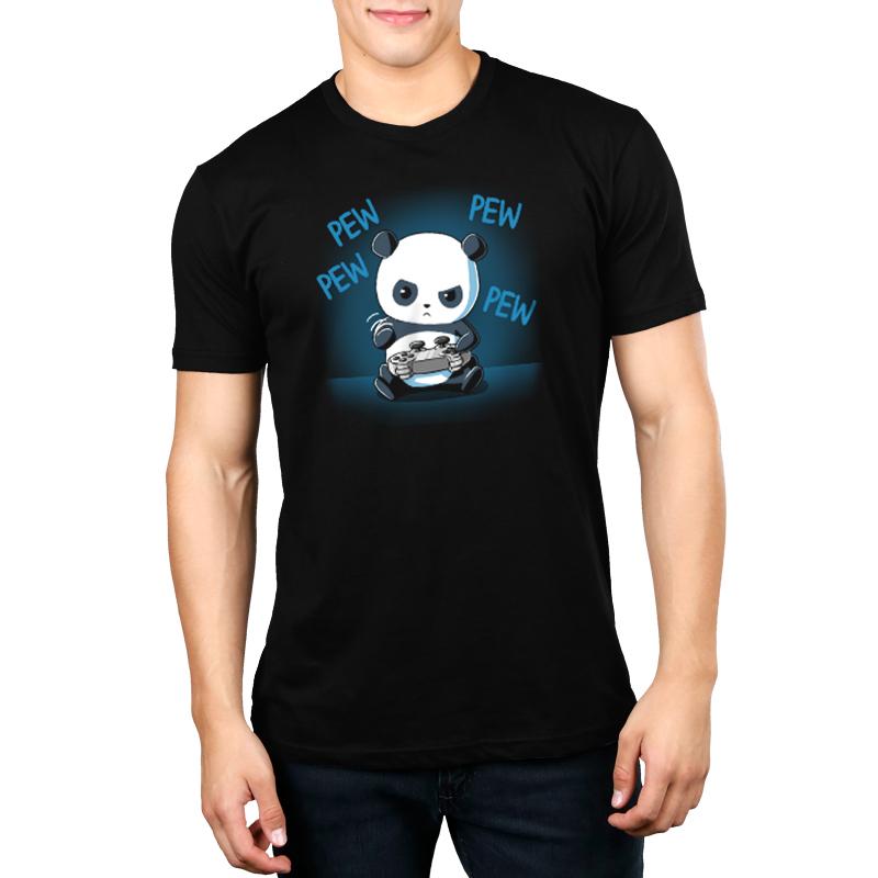 A man wearing a TeeTurtle black t-shirt with a Pew Pew Panda from TeeTurtle on it.