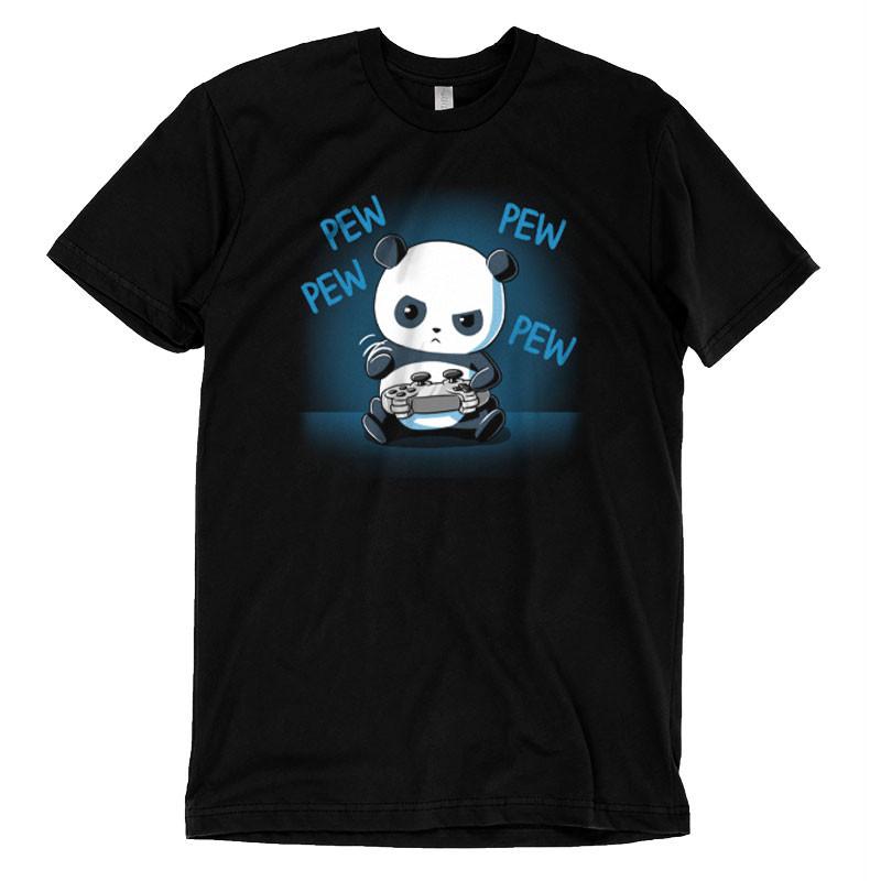 A TeeTurtle Pew Pew Panda black t-shirt.
