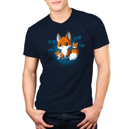 Person wearing a super soft ringspun cotton navy blue T-shirt featuring a cartoon fox family with the words "Pew Pew Parent" repeated three times. The product is Pew Pew Parent by monsterdigital.