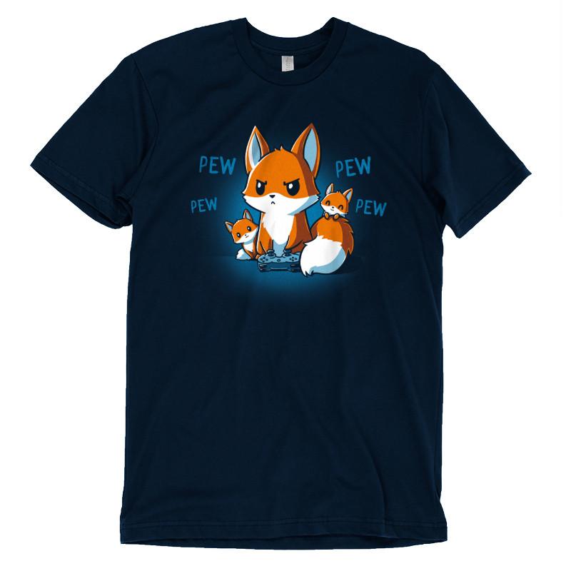 A super soft ringspun cotton navy blue t-shirt featuring a graphic of three cartoon foxes surrounded by the text "PEW PEW PEW". Perfect for any Pew Pew Parent! This is the Pew Pew Parent t-shirt from monsterdigital.