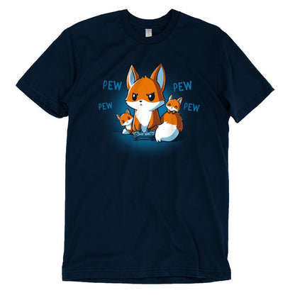A super soft ringspun cotton navy blue t-shirt featuring a graphic of three cartoon foxes surrounded by the text "PEW PEW PEW". Perfect for any Pew Pew Parent! This is the Pew Pew Parent t-shirt from monsterdigital.