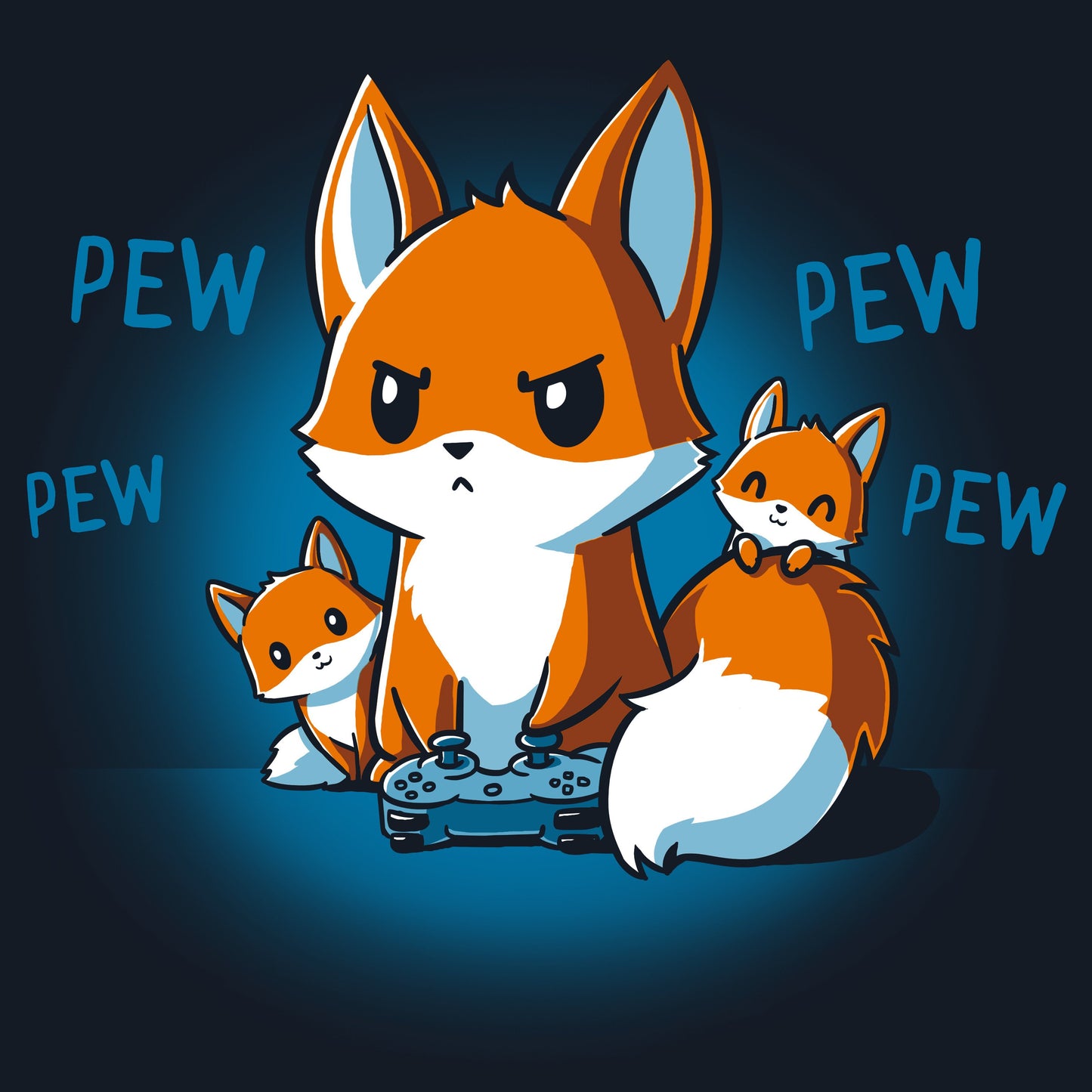 Illustration of three foxes with one holding a game controller on a Navy Blue T-shirt made of Super Soft Ringspun Cotton. The word "PEW" repeatedly appears around them, giving off major Pew Pew Parent vibes. This is the Pew Pew Parent T-shirt by monsterdigital.