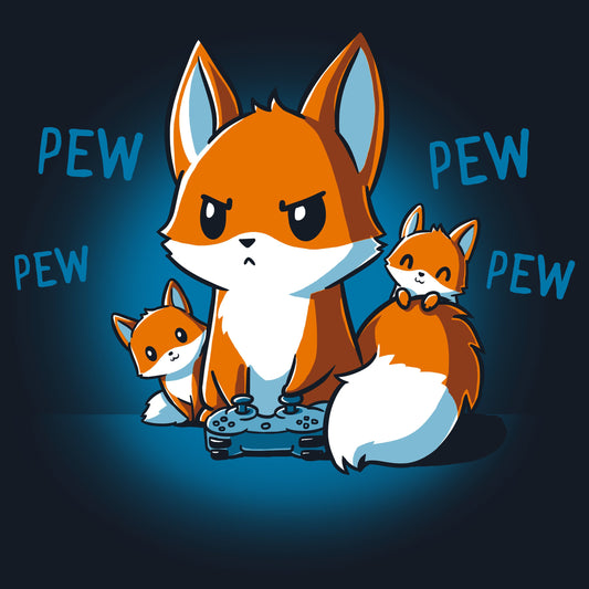 Illustration of three foxes with one holding a game controller on a Navy Blue T-shirt made of Super Soft Ringspun Cotton. The word 