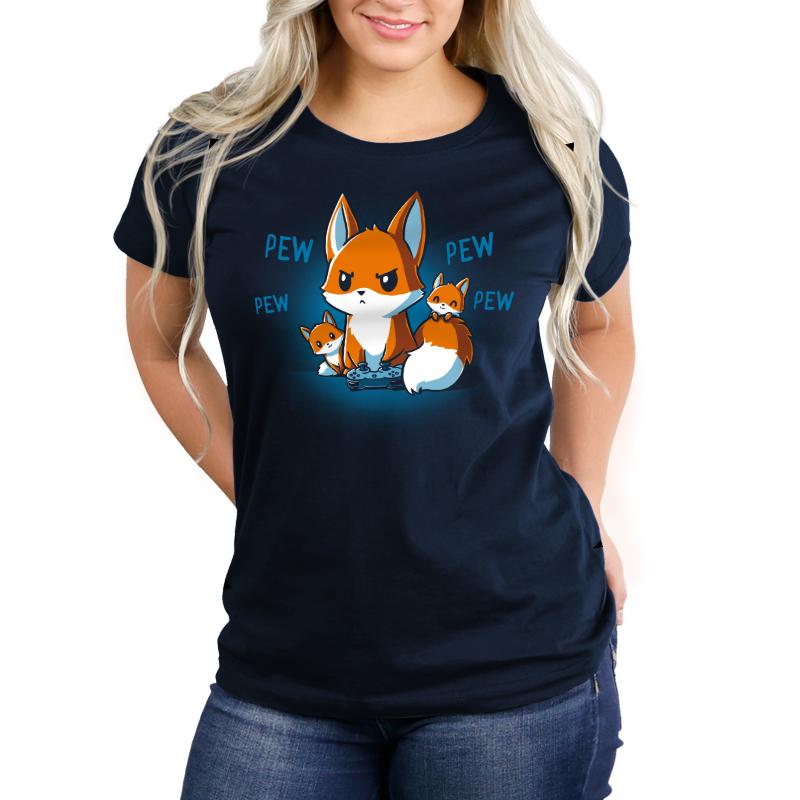 A person wearing a super soft ringspun cotton navy blue t-shirt with an illustration of three foxes and the text "PEW PEW PEW" from monsterdigital, called Pew Pew Parent.