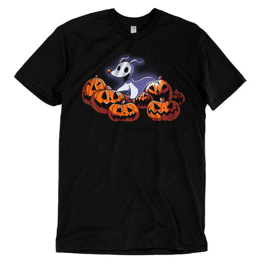 A Nightmare Before Christmas-themed black Playing Dead T-shirt featuring an image of a dog and pumpkins. Brand name: Disney.