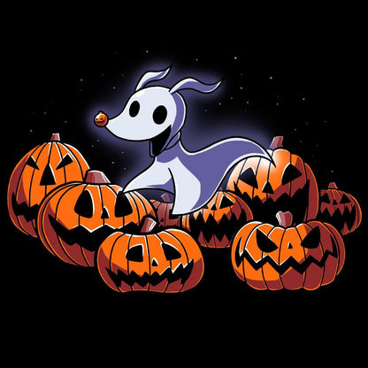 A white dog wearing a Disney Nightmare Before Christmas T-shirt is sitting in a group of pumpkins.