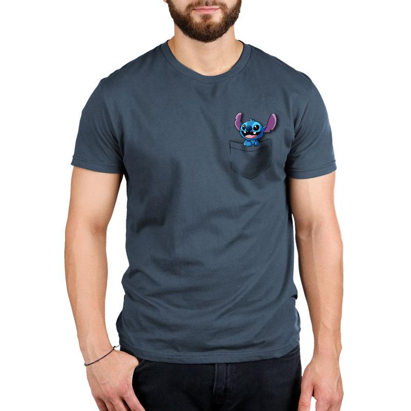 A man wearing an officially licensed Disney Pocket Stitch t-shirt.