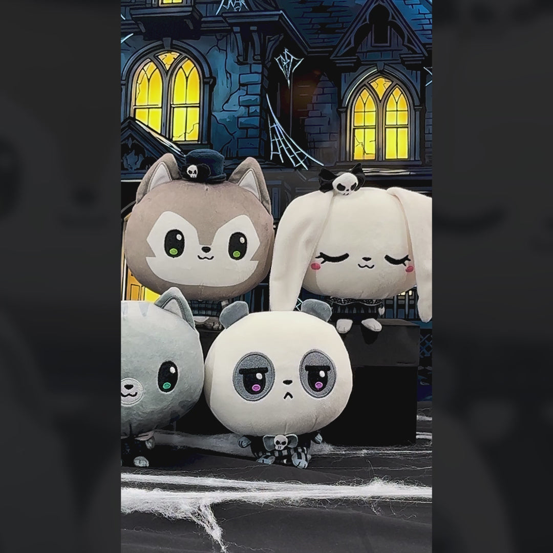 A video of all five cute Halloween plush behind is a haunted house