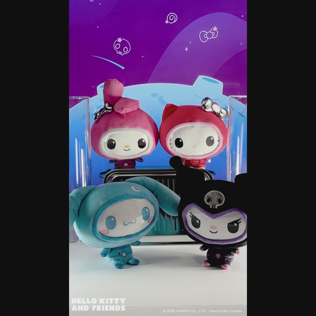 Video of Hello Kitty, Cinnamoroll, My Melody, and Kuromi Cloudheads in spacesuits against a space background