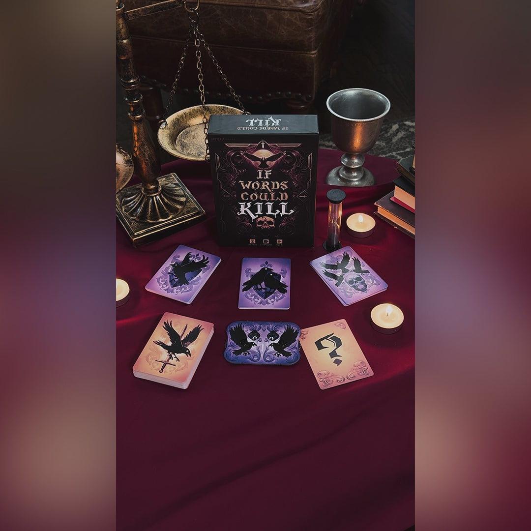 Video showing If Words Could Kill being played by a group of three young people. The cards, score tracker, box and hourglass are all featured on a table with candles and a red tablecloth. 