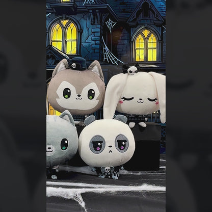 Five plush animals are being shown behind them is a haunted house