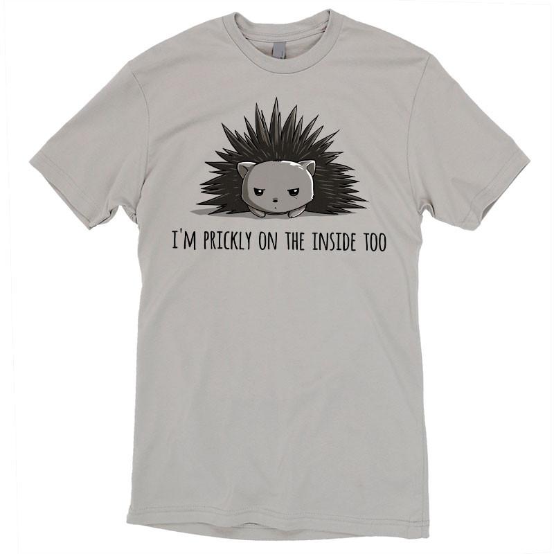 Premium Cotton T-shirt_TeeTurtle Prickly on the Inside silver gray t-shirt featuring a grey porcupine looking slightly annoyed with the text "I'm prickly on the inside too" below in this sarcastic animal design. 