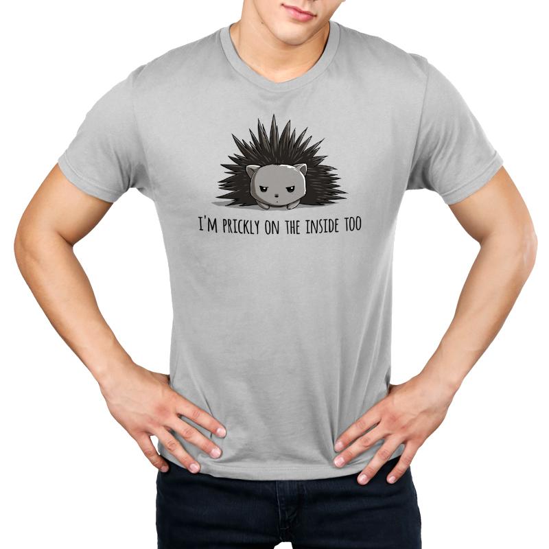 Premium Cotton T-shirt_TeeTurtle Prickly on the Inside silver gray t-shirt featuring a grey porcupine looking slightly annoyed with the text "I'm prickly on the inside too" below in this sarcastic animal design. 