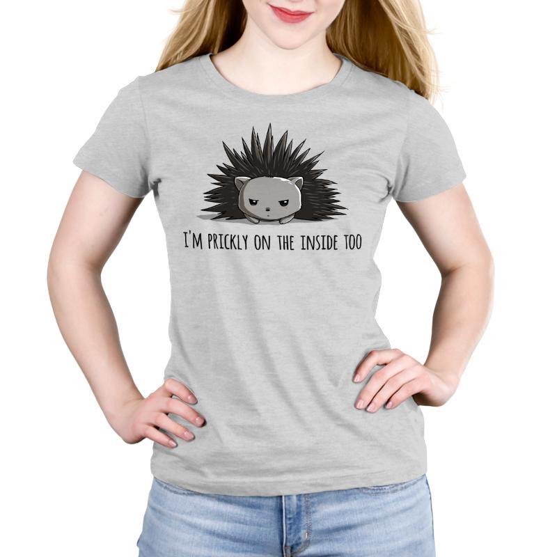 Premium Cotton T-shirt_TeeTurtle Prickly on the Inside silver gray t-shirt featuring a grey porcupine looking slightly annoyed with the text "I'm prickly on the inside too" below in this sarcastic animal design. 