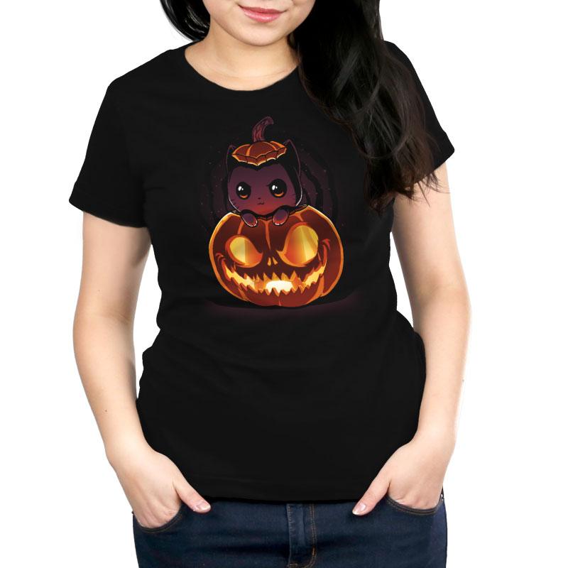 A scary black Pumpkitten t-shirt for women featuring a jack-o-lantern image by TeeTurtle.
