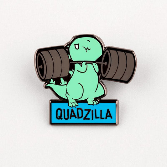 TeeTurtle's Quadzilla pin features a dinosaur in BeastMode lifting a barbell.