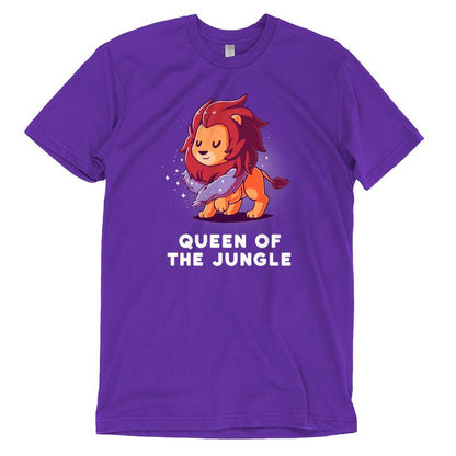 A purple TeeTurtle T-shirt with a cartoon lion, symbolizing the Queen of the Jungle.