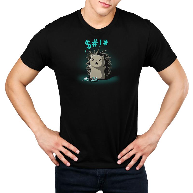 Person wearing a black monsterdigital original T-shirt featuring a cartoon of an angry porcupine with the symbols $#!* above its head. This Super Soft Ringspun Cotton Ragequit t-shirt offers both comfort and style.