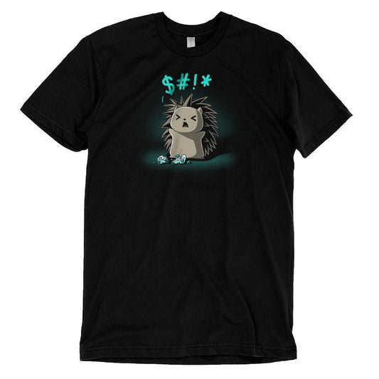 Black monsterdigital original Ragequit T-shirt featuring an animated angry hedgehog with symbols above its head and scattered blue candy at its feet, made from Super Soft Ringspun Cotton.